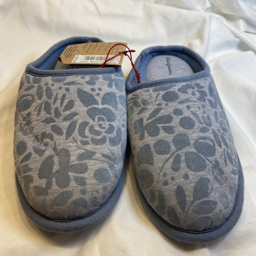Dearfoams Womens Flocked Memory Foam Clog Slippers Blue Heather size S NWT